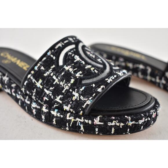 Chanel 20P Black White Tweed Mesh CC Logo Slide Slip Sandal Mule Heel Flat 36.5 - Picture 5 of 14